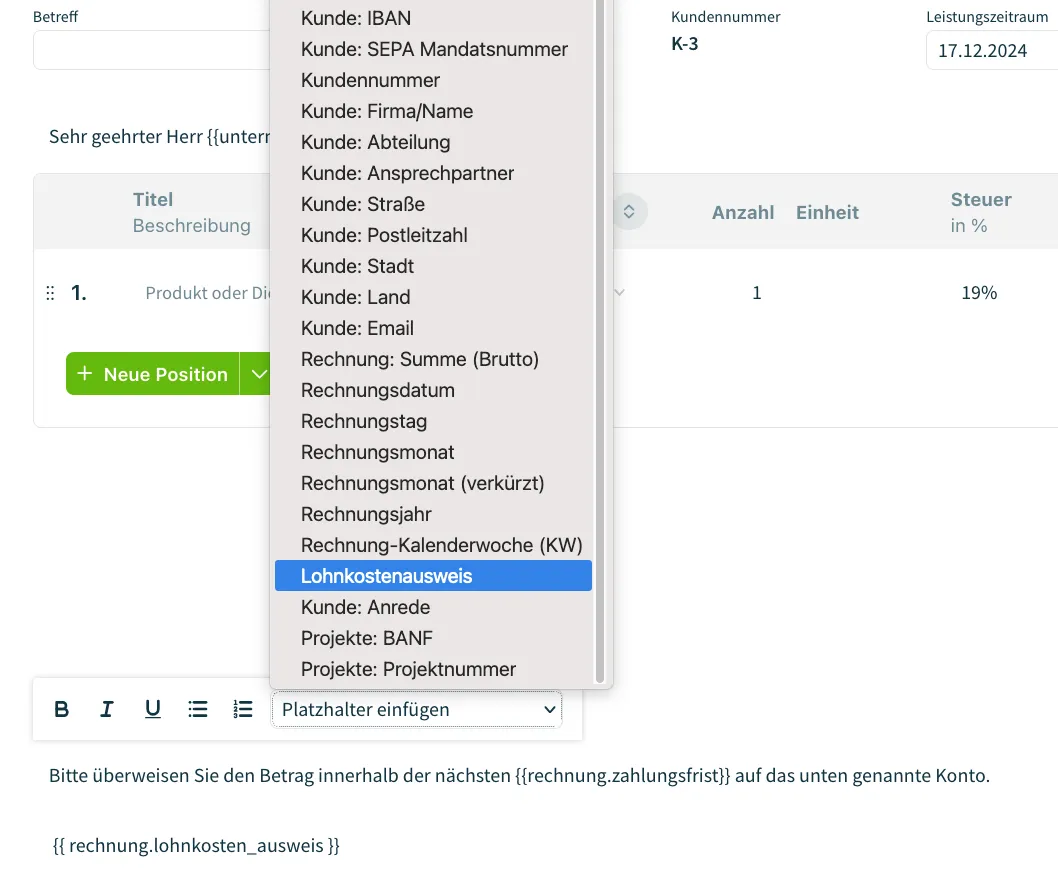 Lohnkostenausweis in Freitextfelder einfügen