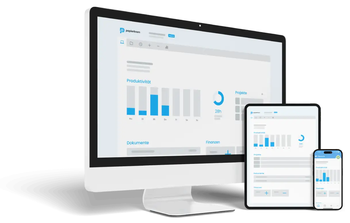Papierkram ist auf allen Devices verfügbar. Desktop, Notebook, Tablet, Smartphone